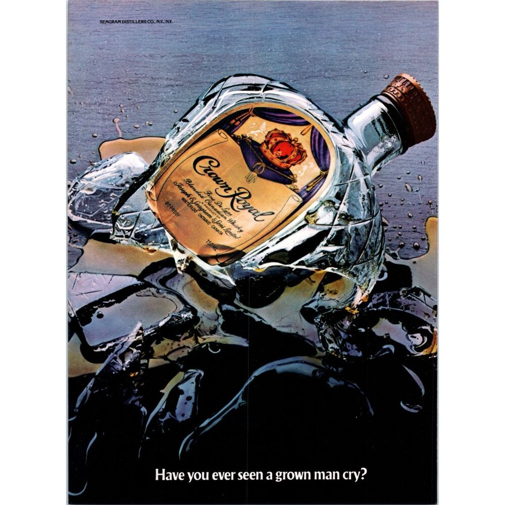 1981 Crown Royal Broken Bottle Vintage Print Ad Seen Grown Man Cry 80s Wall Art